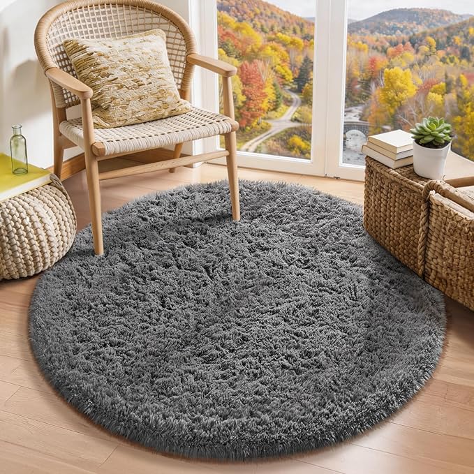 Ophanie Round Rug 3Ft Grey Circle Area Rugs, Fluffy Fuzzy Small Bedroom Carpet 3 Foot, Plush Shag Floor Gray Living Room Christmas Circular Aesthetic Decor for Kids Teen Boys Baby, Nursery, Classroom