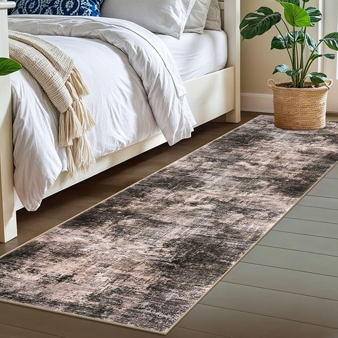 IOHOUZE Abstract Runner Rug 2x7 Ft Washable Runners for Hallways, Non Slip Kitchen Runner Printed Faux Wool Entryway Runners Indoor, Modern Abstract Floor Carpet for Hall Kitchen Bedroom, Brown/Rust