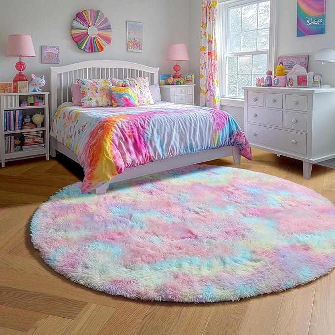 Amdrebio Rainbow Fluffy Round Rug 5Ft Kids Rugs for Girls Bedroom, Unicorn Room Decor, Colorful Pastel Shag Carpet for Playroom Baby Nursery, Cute Furry Kawaii Circle Area Rug for Toddler Princess