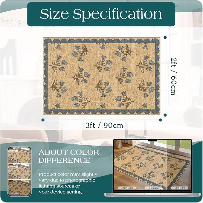 Front Door Mat Outside Entrance - 2x3 Floral Non-Slip Washable Doormat Indoor Outdoor Mat Jute-Look Farmhouse Blue Scalloped Entry Rug Small Throw Rugs for Entryway Kitchen Front Porch Decor