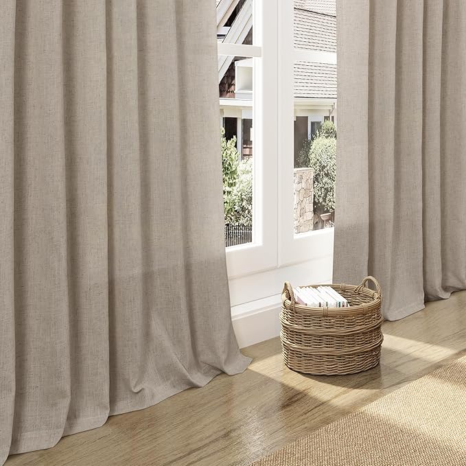 Nanspring Modern Farmhouse Linen Curtains 96 Inches Long for Living Room Cobblestone Light Filtering Semi Sheer Curtain Back Tab and Rod Pocket Coastal Decor Drapes for Bedroom 52x96, 2 Panels