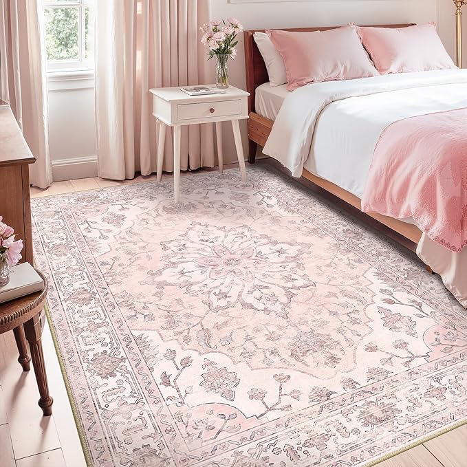 RELEANY Area Rugs 5'x8' Washable Non-Slip, Floral Vintage Distress Print Pattern Medallion Carpet for Living Room Bedroom Dining Room, Pink Greypink Cute