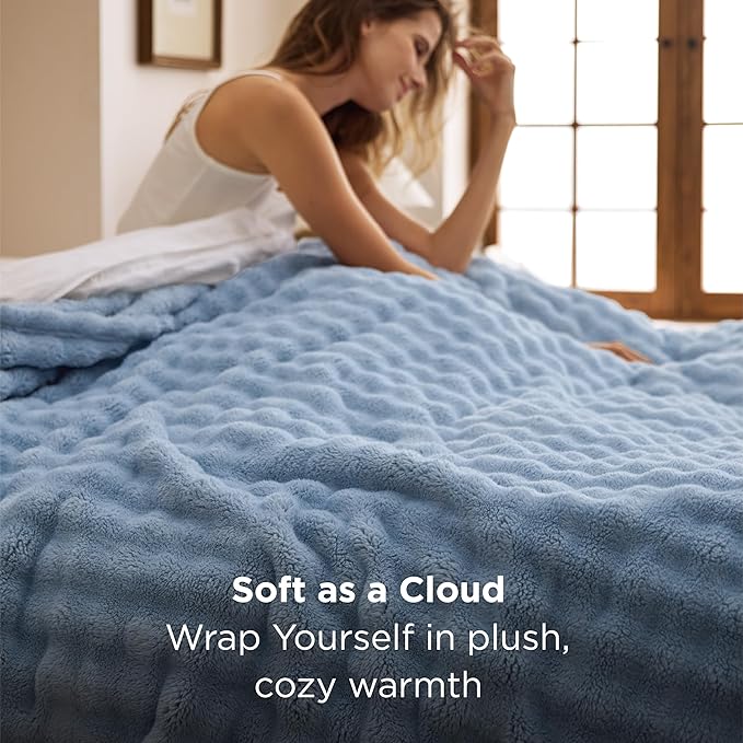 Bedsure 3D Fleece Bubble Blanket - GentleSoft Blue Queen Blanket for for Bed Sofa Room Decor - Luxury Soft Cozy Spring Gifts for Kids Girls, Lightweight, All Seasons, Celestial Blue, 90"×90"