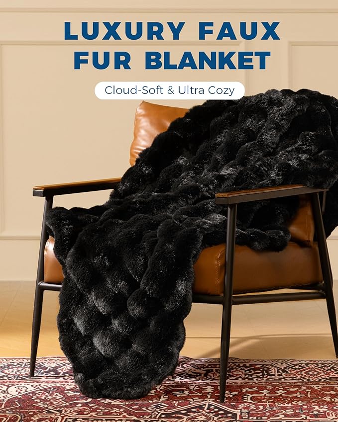 Ultra Soft Cozy Faux Fur Throw Blanket, Fuzzy Plush Thick Bubble Blanket, Oversize Luxury Fluffy Blanket for Couch, Bed, and Living Room, 60x80 Inches, Black