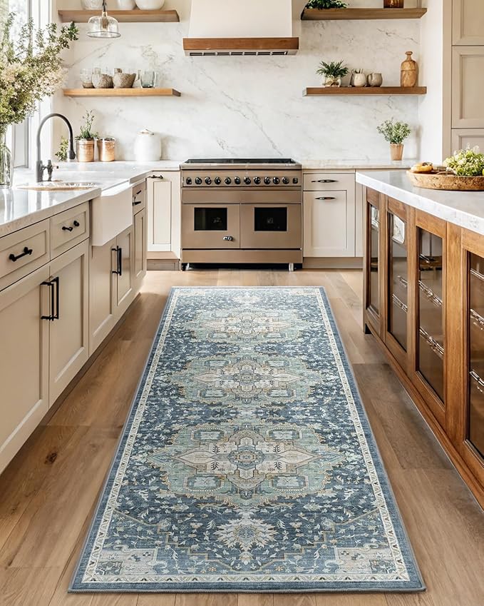 AMADA HOMEFURNISHING 2'6"x8' Washable Area Rug, Low-Profile Entryway Rug with Non-Slip Backing & Durable Edge Binding, Vintage Rug Pattern, Small Rugs for Entryway, Kitchen & Living Room