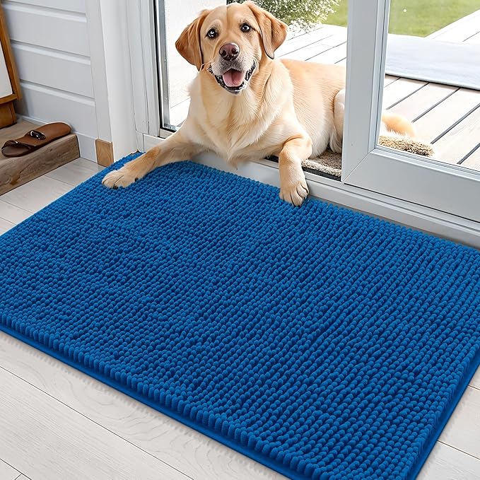 OLANLY Dog Door Mat for Muddy Paws 35x24, Absorbs Moisture and Dirt, Absorbent Non-Slip Washable Doormat, Quick Dry Chenille Mud Mat, Entry Indoor Entryway Carpet for Inside Floor, Deep Navy Blue
