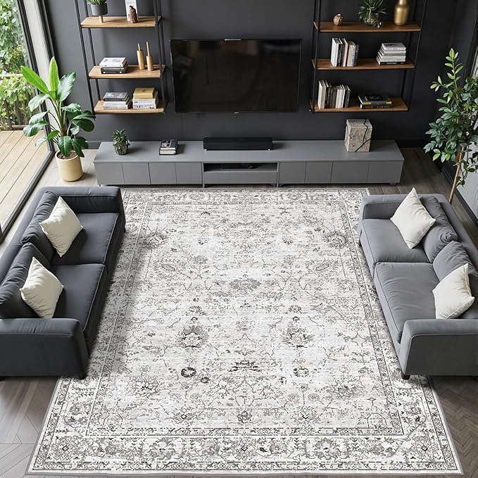 Grey White Area Rugs 9x12 Living Room, Washable Rug Non Slip Floral Low Pile Large Rug for Living Room, Bedroom, Farmhouse, Dining Room, Kids Playroom(9 x 12, Grey White)