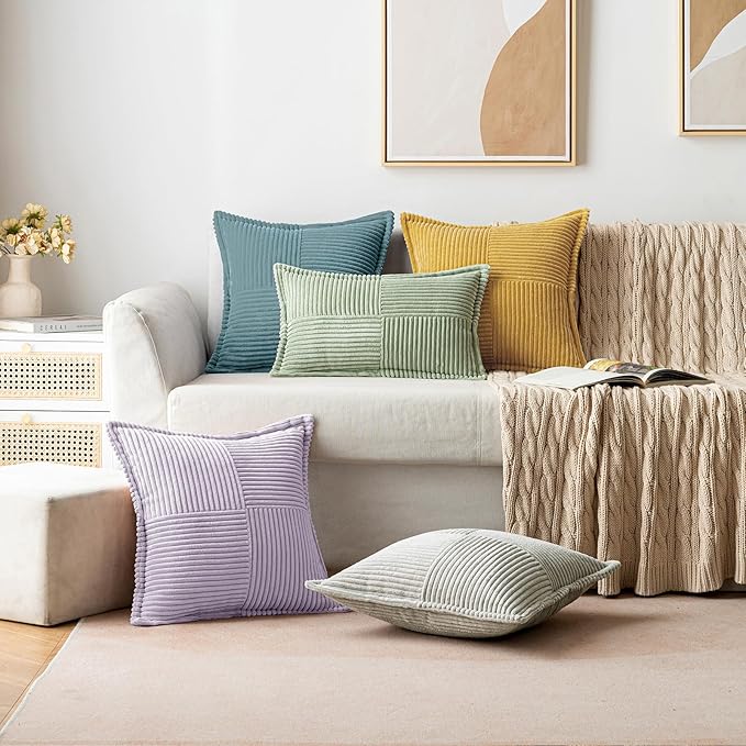 MIULEE Decorative Throw Pillow Covers for Couch Bed Livingroom 20x20 Inch Set of 2 Purple Boho Accent Throw Pllows Broadside Striped Patchwork Soft Corduroy Pillowcases