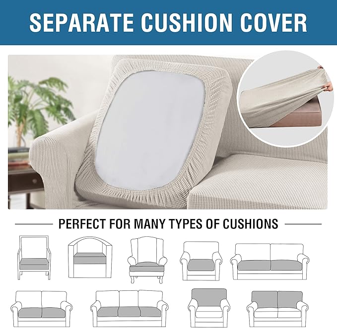 H.VERSAILTEX 4 Piece Stretch Sofa Covers for 3 Cushion Couch Covers for Living Room Furniture Slipcovers (Base Cover Plus 3 Seat Cushion Covers) Upgraded Thicker Jacquard Fabric (XL Sofa, Ivory)