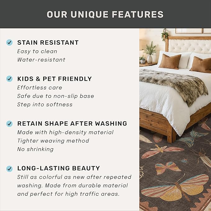 5x8 Brown Rugs for Living Room, Soft Boho Rugs for Bedroom, Non Slip Dining Room Carpet for Under Table, Vintage Farmhouse Home Décor, Low Pile Stain Resistant Mat