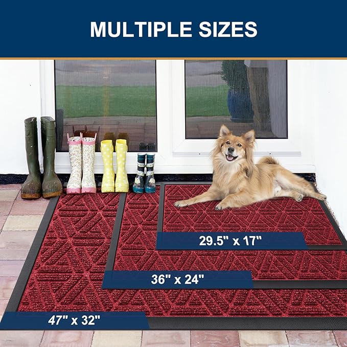 Smiry Front Door Mat Outside Entrance, Heavy Duty Sturdy Natural Rubber Doormat, Trap Dirt and Moisture, Easy Clean Low Profile Mats for Indoor Outdoor Entry, Grid Geometric (29.5x17, Wine Red)