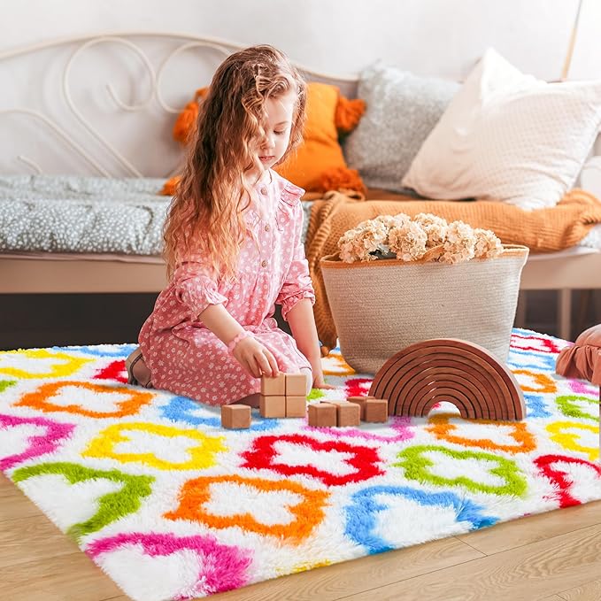 Tepook Fluffy Colorful Rug for Kids, Shaggy Soft Rainbow Area Rugs for Girls Bedroom, Indoor Modern Geometric Moroccan Rugs Plush Girls Kids Rug for Playroom Teens Room Nursery Home Decor, 3 X 5 ft