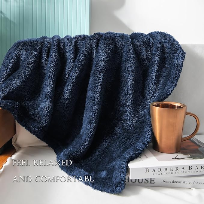 Exclusivo Mezcla Plush Fuzzy Fleece Throw Blanket Extra Large, Super Soft, Fluffy and Warm Blankets for Couch, Bed, All Season (Navy Blue, 50x70 inches)
