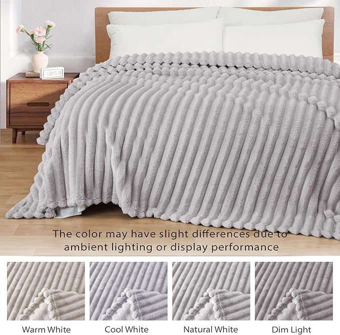 Exclusivo Mezcla King Size Flannel Fleece Blanket, Super Soft Striped Jacquard Bed Blanket, Lightweight Fuzzy Cozy for All Seasons, 90x104 Inches, Light Grey