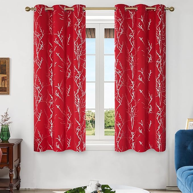 Deconovo Christmas Red Curtains, Blackout Drapes, Soundproof Curtain, Silver Print, 42 x 63 Inch Long, 2 Panels, Machine Washable Window Panel for Living Room Bedroom Festival Party Decoration Kitchen