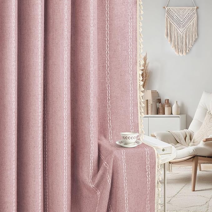 Boho Blackout Curtains 2 Panels 84 Inch for Living Room Bedroom,Pink Linen Texture Farmhouse Curtains with Tassels and Cotton Embroidery Vintage Rustic Western Rod Pocket