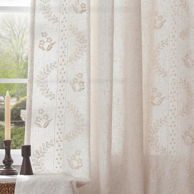 jinchan Belrose Lined Linen Blend Curtains Boho Floral Curtains for Bedroom 96 Inch Length Ivory Embroidered Drapes Rod Pocket Farmhouse Flower Drapes for Living Room Window Treatments Set 2 Panels