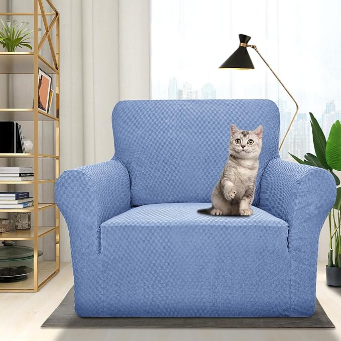 ZNSAYOTX 1 Piece Jacquard Chair Slipcovers for Living Room High Stretch Chair Covers with Arms Anti Slip Pets Friendly Couch Sofa Armchair Cover Furniture Protector (Small, Light Blue)
