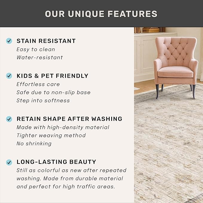 Washable 2x4 Beige Bathroom Rugs, Farmhouse Small Rugs for Entryway, Geometric Floral Design Non Slip Kitchen Floor Mats, Modern Home Décor, Low Pile & Soft Stain Resistant Carpet