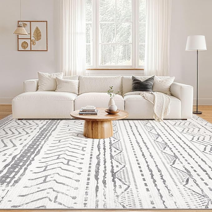 Nakagishi Area Rugs 8x10 Living Room: Washable Boho Large Neutral Soft Farmhouse Rug Stain Resistant Modern Geometric Non Slip Indoor Floor Carpet for Bedroom Nursery Kids Playroom Office- Gray White