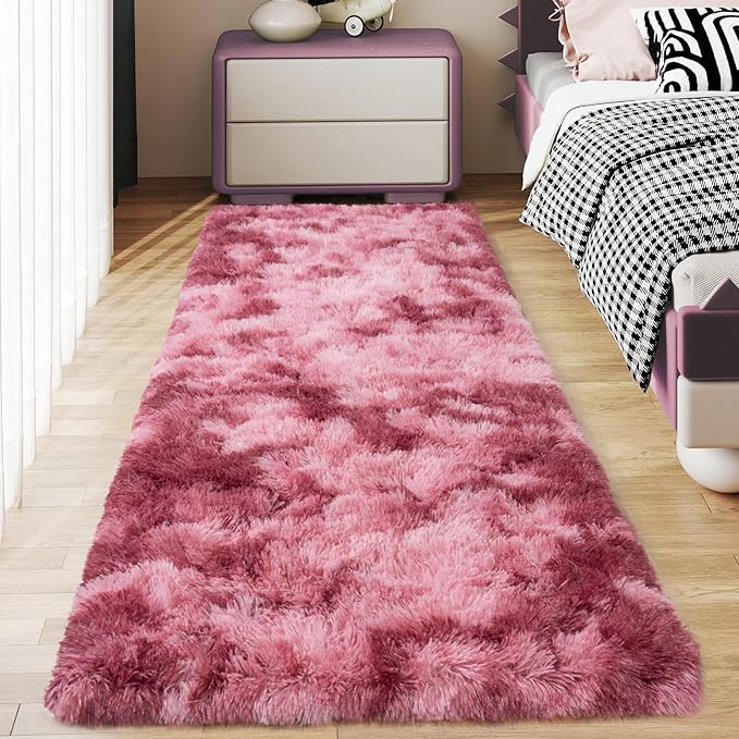 Soft Runner Rugs for Bedroom Hallways, 2x6 Tie-Dyed Blush Pink Fluffy Shag Throw Area Rug Non Slip for Bedside Dorm, Long Shaggy Furry Carpet for Nursery Living Room