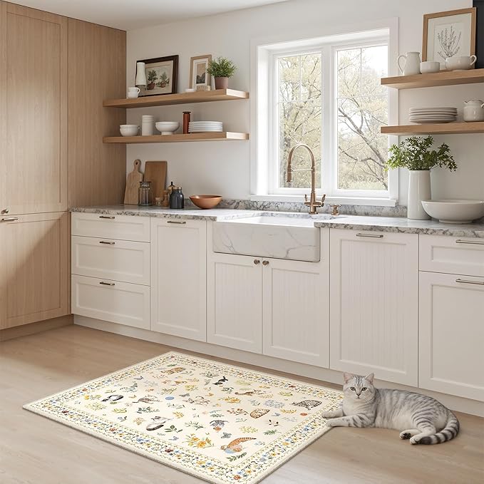 2x3 Cat Rugs for Entryway, Machine Washable Door Mat Animal Floral Small Area Rug Non-Slip Low Pile Soft Throw Rugs for Entrance Kitchen Indoor Front Door Kids Room (2 x 3,Beige)