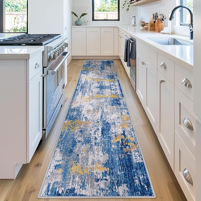 Washable Area Rugs 2'x10' Non-Slip Modern Abstract Soft for Living Room Entryway Bedroom Nursery, Print Pattern, Grey Blue Gold/Golden