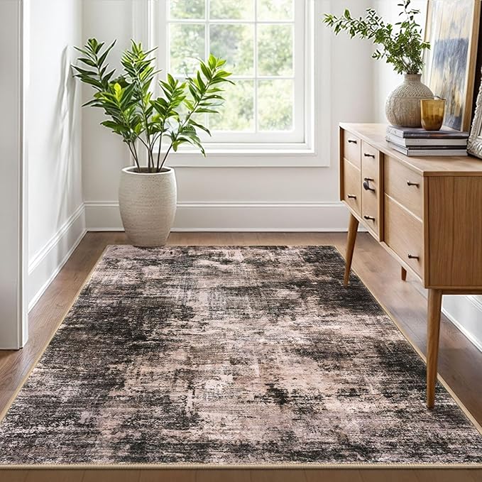 IOHOUZE Abstract Area Rug 4x6 Ft Washable Rugs for Entryway Indoor, Non Slip Small Living Room Rugs Printed Faux Wool Throw Rug, Floor Carpet for Kitchen Nursery Playroom, Brown/Rust