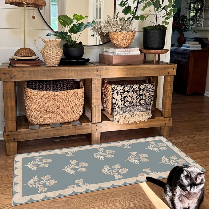 Front Door Mat Indoor Entrance - 2x4.3 Ft Floral Washable Layered Doormat Outdoor Entrance Porch Rug Non-Slip Blue Retro Farmhouse Runner Rug for Kitchen Bedroom Laundry Room Porch Decor
