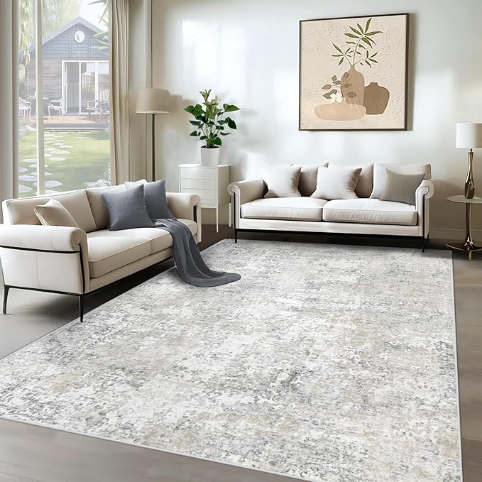 XLUEZ 6x9 Area Rugs for Living Room, Washable Modern Abstract Large Area Rug Neutral Soft Non Slip Kids Rug Stain Resistant Indoor Carpet for Bedroom Nursery Dining Room Playroom(BeigeGrey, 6'x9')