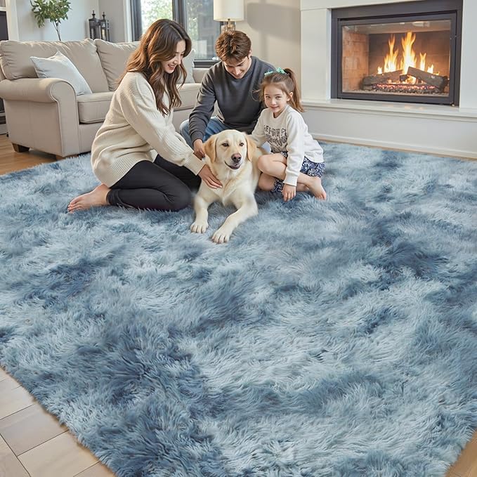 Area Rugs 9x12 Living Room, Large Area Rug Shag Shaggy Carpet Soft Plush Furry Bedside Rug, Machine Washable Area Rugs for Bedroom Kids Girls Boys Anti Slip(9 x 12, Dark Blue Tie-Dyed)
