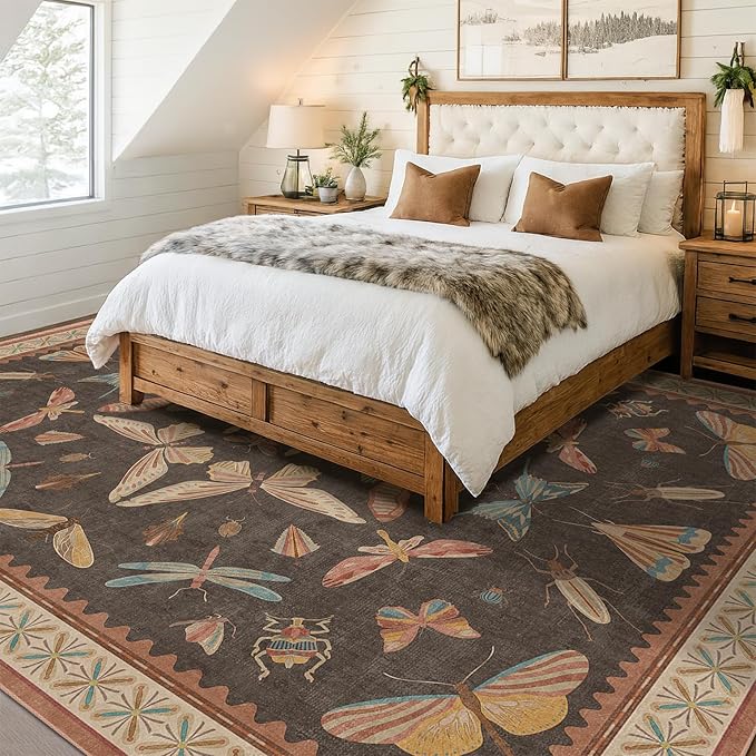 Brown Large 8x10 Living Room Area Rug, Unique Washable Insect Rugs for Bedroom, Stain Resistant Farmhouse Carpet for Dining Room, Whimsical Home Décor, Low Pile & Soft Mat