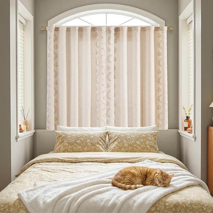 jinchan Belrose Linen Floral Cafe Curtains 54 Inch Length Embroidered Farmhouse Curtains for Kitchen Bedroom Bathroom Small Windows Curtain Set Light Filtering 2 Panels Beige