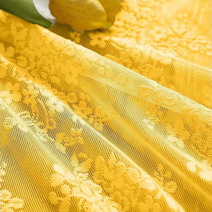YJ YANJUN Vintage Lace Curtains 36 Inch Length- Victorian Floral 70s Mustard Yellow Short Kitchen Curtains for Bedroom Bathroom Small Window Coffee Cabinet Rod Pocket Gold 2 Panels W26 x L36 Inch
