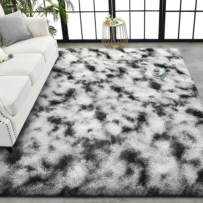 TWINNIS Super Soft Shaggy Rugs Fluffy Carpets, 5x8 Feet, Indoor Modern Plush Area Rugs for Living Room Bedroom Kids Room Nursery Home Decor, Upgrade Anti-Skid Rectangular Fuzzy Rug, Black and White