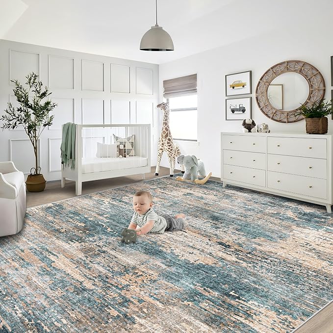 XLUEZ 9x12 Area Rug for Living Room, Washable Modern Abstract Large Area Rug Neutral Soft Non Slip Kids Rug Stain Resistant Indoor Carpet for Bedroom Dining Room Playroom Office(GreenBrown, 9'x12')