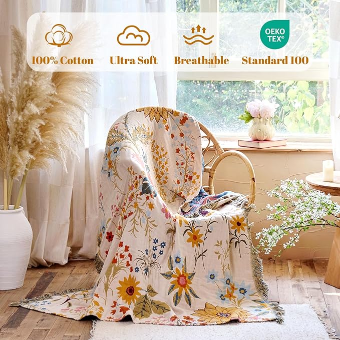 MSGKV Boho Throw Blanket for Couch Chair 100% Cotton Floral Blanket 50"x60" Sofa Blankets Lightweight Farmhouse Muslin Spring Breathable Bed Blankets Home Decor All Seasons