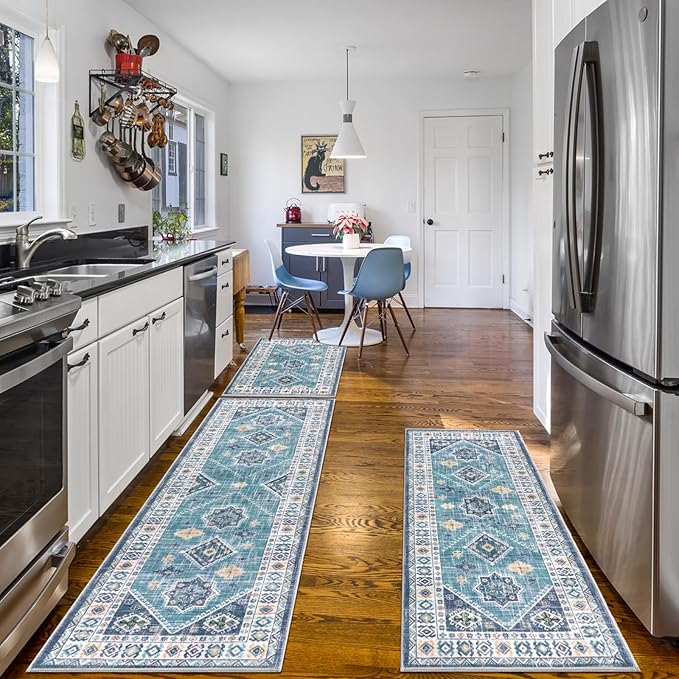 HEBE Boho Kitchen Rug Sets 3 Piece with Runner Non Slip Kitchen Rugs and Mats Washable Kitchen Mats for Floor Thick Kitchen Floor Mat Carpet Runner Rugs for Hallway Laundry Holiday Decor