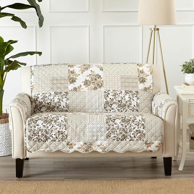 Great Bay Home Reversible Patchwork Loveseat Cover - Washable Slipcover Furniture Protector with Elastic Straps - Perfect for Kids & Pets - Box-Stitched Detail (Taupe)