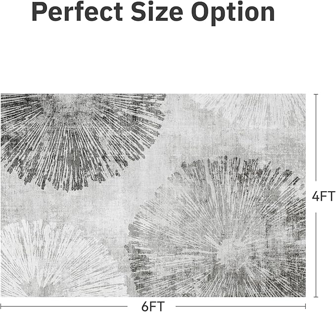 4x6 Rug Small Non Slip Area Rug Ultra Soft Machine Washable Low Pile Modern Abstract Dahlia Indoor Carpet Rugs for Bedroom Living Room Entryway Kitchen Bedside, Grey