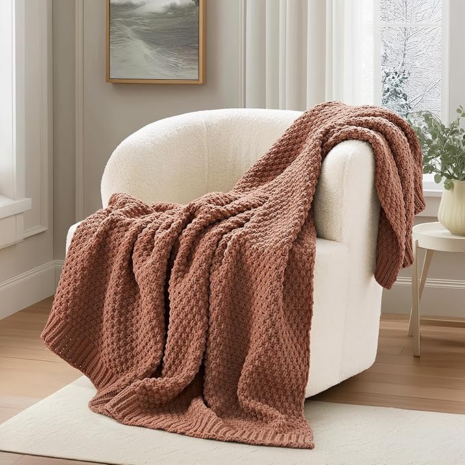 EVERGRACEHOME Chunky Chenille Knit Throw Blanket for Couch, Soft Luxurious Moss Stitch Blankets for Bed, Cozy Decorative Farmhouse Knitted Throws for Sofa, Terracotta Clay, 60" x 80"