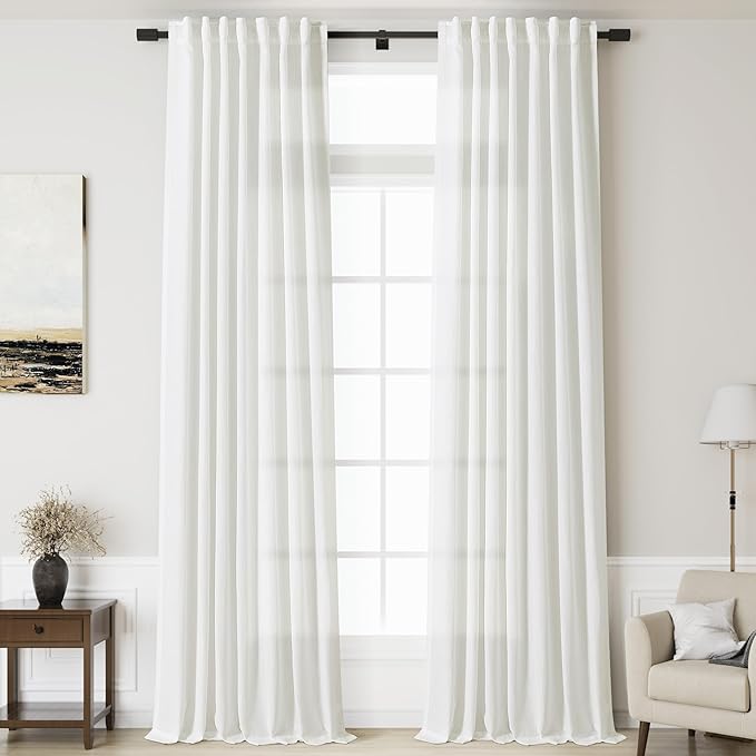 Linen Off White Curtains 145 inch Extra Long for Living Room Back Tab Light Filtering Sheer Drapes Modern Farmhouse Coastal Decor Cotton Textured Curtain for Floor to Ceiling High Window 52x145