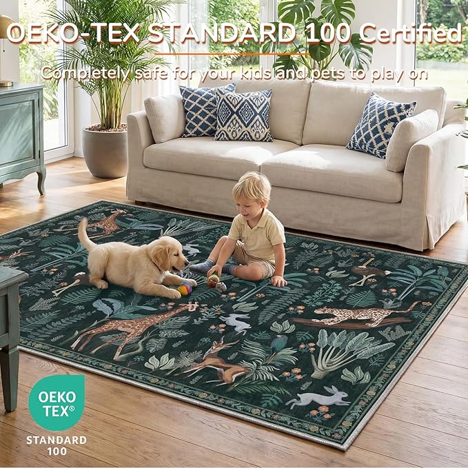 OPPODREAM Animal Soft Area Rugs 5x7, Washable Black Rug with Non Slip Backing, 5 x 7 Faux Cashmere Low-Pile 5x7 Carpet