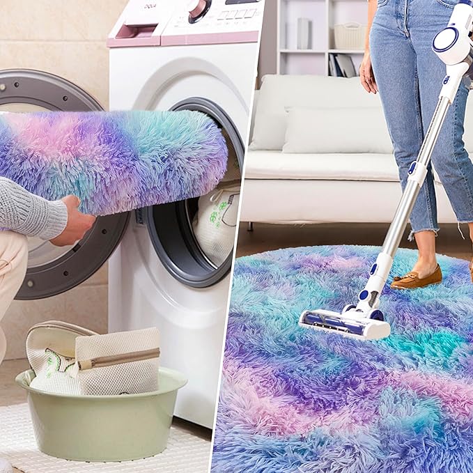 5x5 ft Tie Dye Rainbow Round Rug for Bedroom Room Fluffy Circle Rug Furry Carpet Shaggy Circular Fuzzy Washable Non-Slip Large Area Rug Soft Indoor for Living Room Cute Aesthetic Home Decor