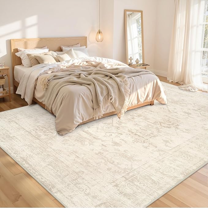 8x10 Area Rugs for Living Room: Vintage Boho Neutral Washable Rug Indoor Soft Large Area Rug Carpet for Bedroom Nursery Farmhouse Dining Room Office Floor Non-Slip Low Pile Under Table Rug Beige/Brown