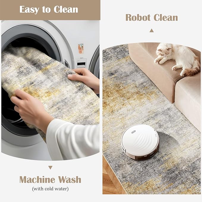 3x7 Washable Kitchen Runner Rug: Modern Abstract Runners for Hallway Soft Non Slip Rugs with Rubber Backing Low Pile Thin Floor Carpet for Entryway Bedroom Bathroom Bedside Indoor(Grey/Yellow,3x7)