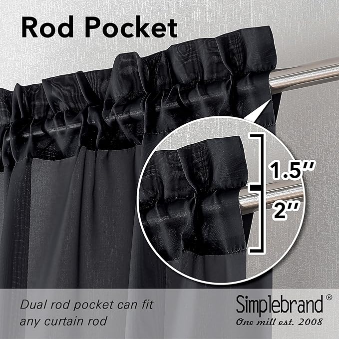 Simplebrand Black Sheer Curtains 108 Inches Long, Extra Long Rod Pocket Solid Color Window Sheer Curtain Panels, Elegant Curtains & Drapes for Living Room, Bedroom 2 Panels (Black, 59" W x 108" L)