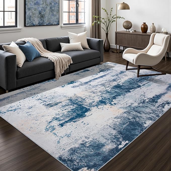 Toneed Abstract Area Rug Modern Washable Rug Soft Non Slip Rug Low Pile for Bedroom Living Room Dining Room Dusty Teal Grey 5x8 Feet
