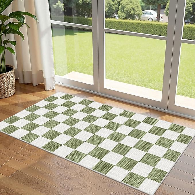 Front Door Mat Indoor Entrance - 2x4.3 Ft Green White Non-Slip Washable Doormat Outdoor Entrance Porch Rug Checkered Runner Rug for Kitchen Hallway Bedroom Laundry Room Porch Decor