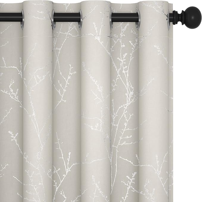 Deconovo Living Room Curtains, Room Darkening Curtain, Thermal Insulated Soundproof Drapes, Silver Branch Print, 52 x 95 Inch Long, Machine Washable Window Panels for Bedroom Office Nursery, Set of 2